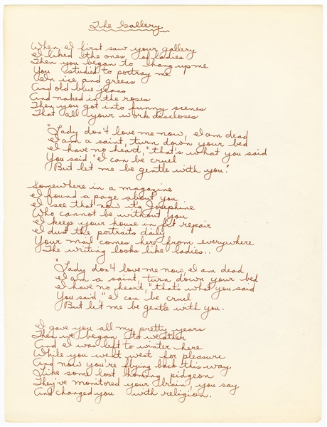Joni Mitchell Beautifully Handwritten "The Gallery" Lyrics