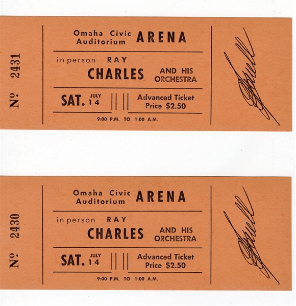 Ray Charles Owned Original Early Concert Tickets with Printed Signatures