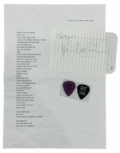 Paul McCartney 5/23/2015 O2 Arena Stage Used Setlist, Stage Used Guitar Picks (2) and a Signed Cut (REAL)