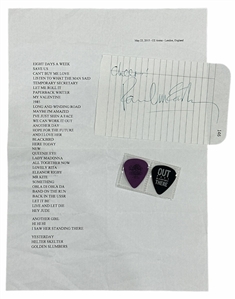 Paul McCartney 5/23/2015 O2 Arena Stage Used Setlist, Stage Used Guitar Picks (2) and a Signed Cut (REAL)