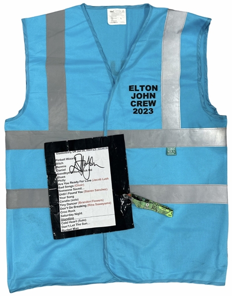 Elton John Signed & Stage Used Setlist for 6/25/2023 Concert and Crew Member Vest (REAL)