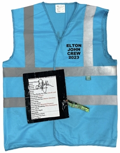 Elton John Signed & Stage Used Setlist for 6/25/2023 Concert and Crew Member Vest (REAL)