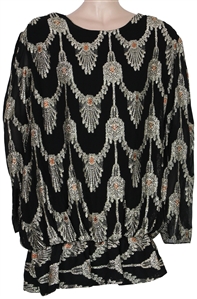 Aretha Franklin Owned and Worn Sheer Black Stage Blouse with Gold & Silver Metallic Design