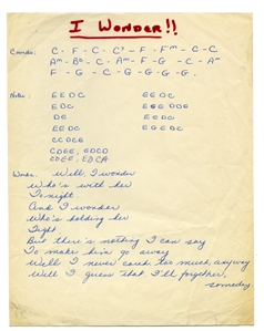 Neil Young Early 1960s Handwritten Lyrics To Various Songs Including His First Ever Recorded Song I Wonder (REAL) 