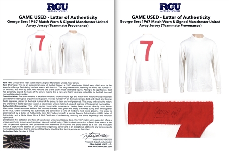 George Best 1967 Match Worn & Signed Away Jersey (RGU, Ex-Teammate William Foulkes Provenance & JSA)