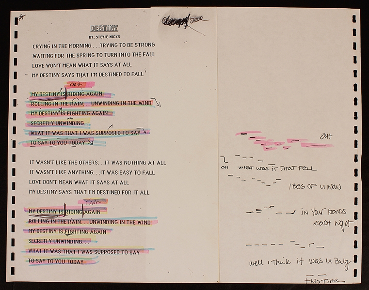 Stevie Nicks Hand-Annotated "Destiny" Lyrics and Handwritten Working Lyrics