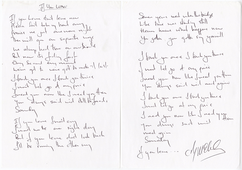 Orchestral Manoeuvres in the Dark Andy McCluskey Handwritten & Signed "If You Leave" Lyrics ("Pretty in Pink" Movie Theme)