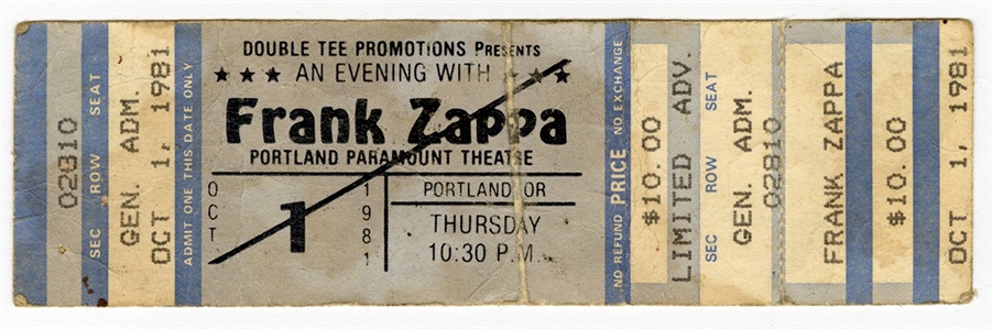 Frank Zappa Signed 1981 Portland Paramount Theatre Concert Ticket
