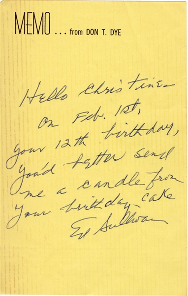 Ed Sullivan Handwritten & Signed Birthday Note