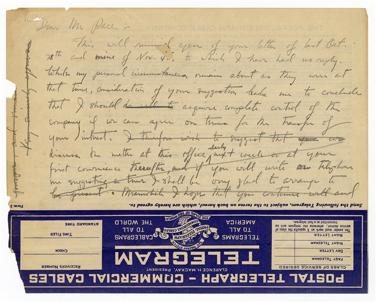 W.C. Handy Handwritten Telegram to Manager Harry Pace