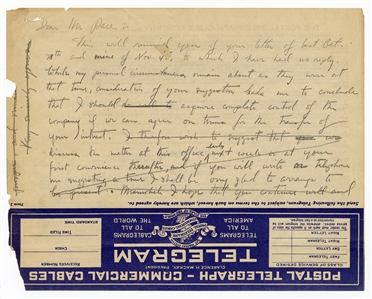 W.C. Handy Handwritten Telegram to Manager Harry Pace