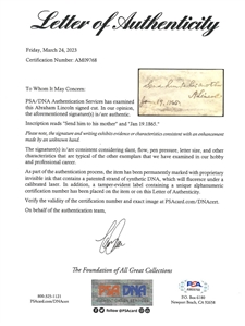 Abraham Lincoln 1/19/1865 Signed Calling Card with Send Him To His Mother Inscription to John Quincy Adams (PSA/DNA)