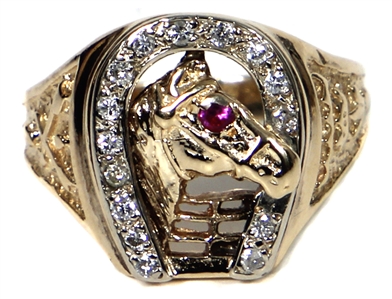 Elvis Presley Owned & Worn Custom Made 14kt Yellow Gold Horse Shoe Ring with Diamonds and Ruby in Horse’s Eye (RGU)