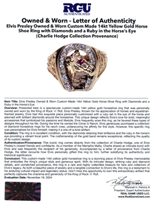 Elvis Presley Owned & Worn Custom Made 14kt Yellow Gold Horse Shoe Ring with Diamonds and Ruby in Horse’s Eye (RGU)