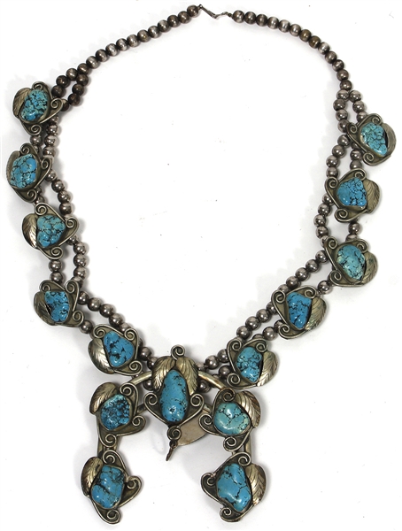 Elvis Presley Owned & Stage Worn Silver Native Turquoise Squash Blossom Necklace