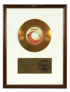 The Beatles “Nowhere Man" RIAA White Matte Gold 45 Record Award Presented to The Beatles