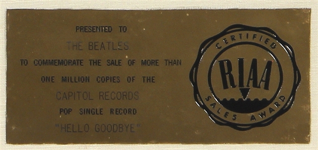 The Beatles “Hello Goodbye RIAA White Matte Gold 45 Record Award Presented to The Beatles