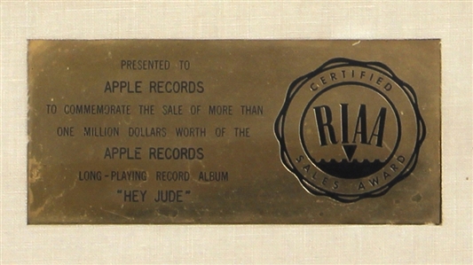 The Beatles “Hey Jude RIAA White Matte Gold Album Award Presented to Apple Records