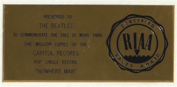 The Beatles “Nowhere Man RIAA White Matte Gold 45 Record Award Presented to The Beatles