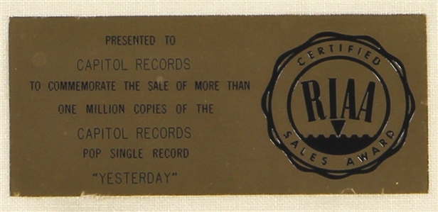 The Beatles “Yesterday RIAA White Matte Gold 45 Record Award Presented to Capitol Records