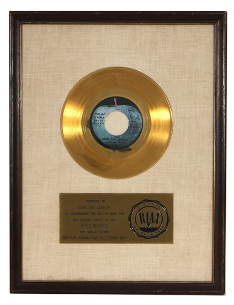 John Lennon “Instant Karma (We All Shine On)" RIAA White Matte Gold 45 Record Award Presented to John Ono Lennon