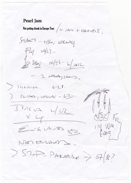 Pearl Jam Eddie Vedder Handwritten 1992 European Tour Notes With Self Portrait Drawing (REAL)