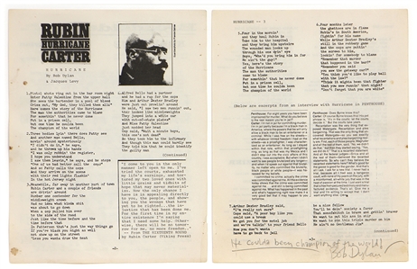 Bob Dylan Signed & “He Coulda Been Champion Of The World Inscription “Rubin Hurricane Carter Lyric Sheet