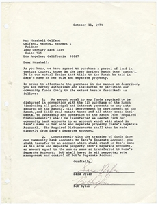 Bob Dylan & Sara Dylan Signed Land Contract (REAL)