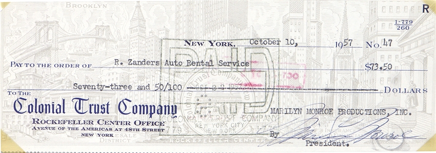 Marilyn Monroe Signed 1957 Check - Car Rental For “Marilyn Monroe Productions