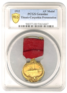 RMS Titanic Incredibly Rare 1912 14kt Yellow Gold Medal Presented to Captain & Sr. Officers of RMS Carpathia For Saving Titanic Passengers (PCGS Encapsulated)