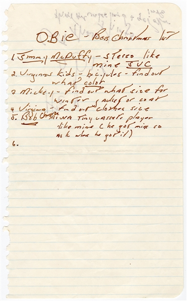 Bruce Springsteen Handwritten Christmas List to Assistant Obie - Referring To Himself As “Boss" (Beckett)