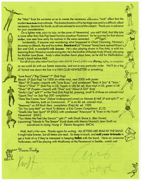 Nirvana Signed Fan Club Letter