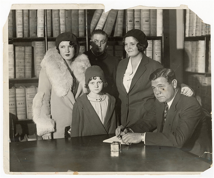 Babe Ruth Signs Adoption Papers For His Children Dorothy and Julia Type 1 Photograph (1930) 