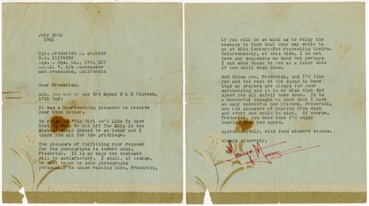 Marilyn Monroe Secretarial Signed July 20th, 1951 Letter To Army
