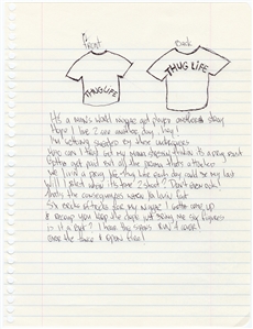 Tupac Shakur “Open Fire" Handwritten Lyrics With Incredible “ThugLife" T-Shirt Drawing (Big Syke Collection)